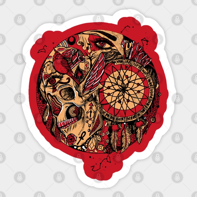 Red Cream Skull and Dreamcatcher Circle Sticker by kenallouis